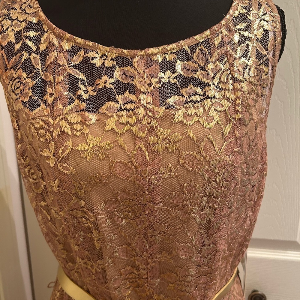 Chetta B Elegant Gold Lace Sleeveless Dress with Belt, Size 14 - Picture 3 of 9